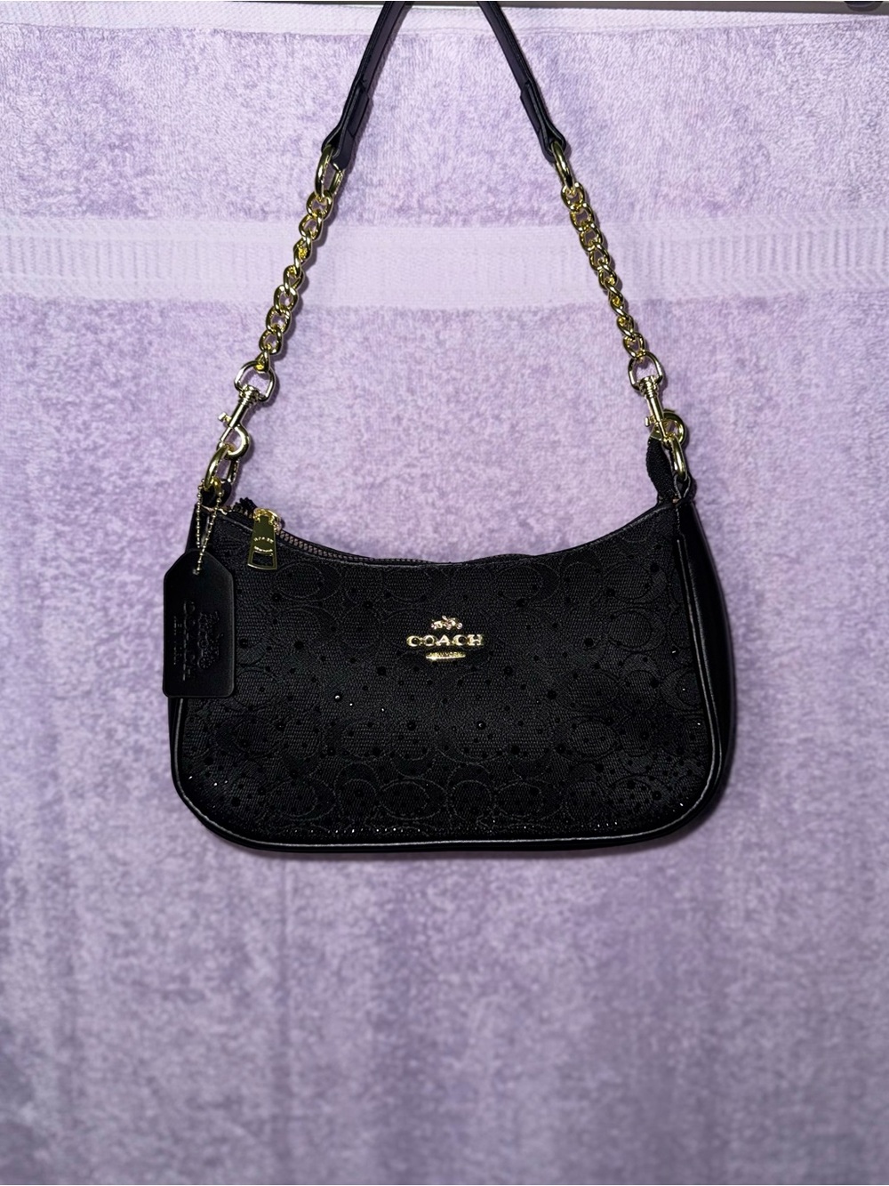 Coach Black Leather Shoulder Bag with Gold Chain Strap